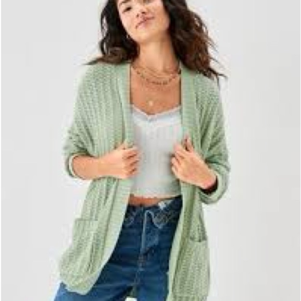 American Eagle Outfitters Light Green Knit Long Open Cardigan Pastel Green - Picture 6 of 7